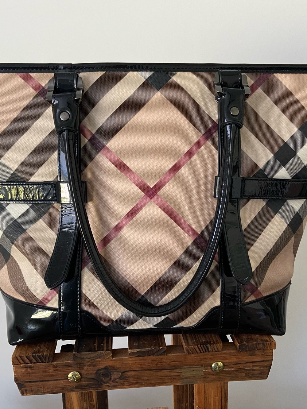 Vintage Burberry Supernova Checked Patent Leather Belted Tote.